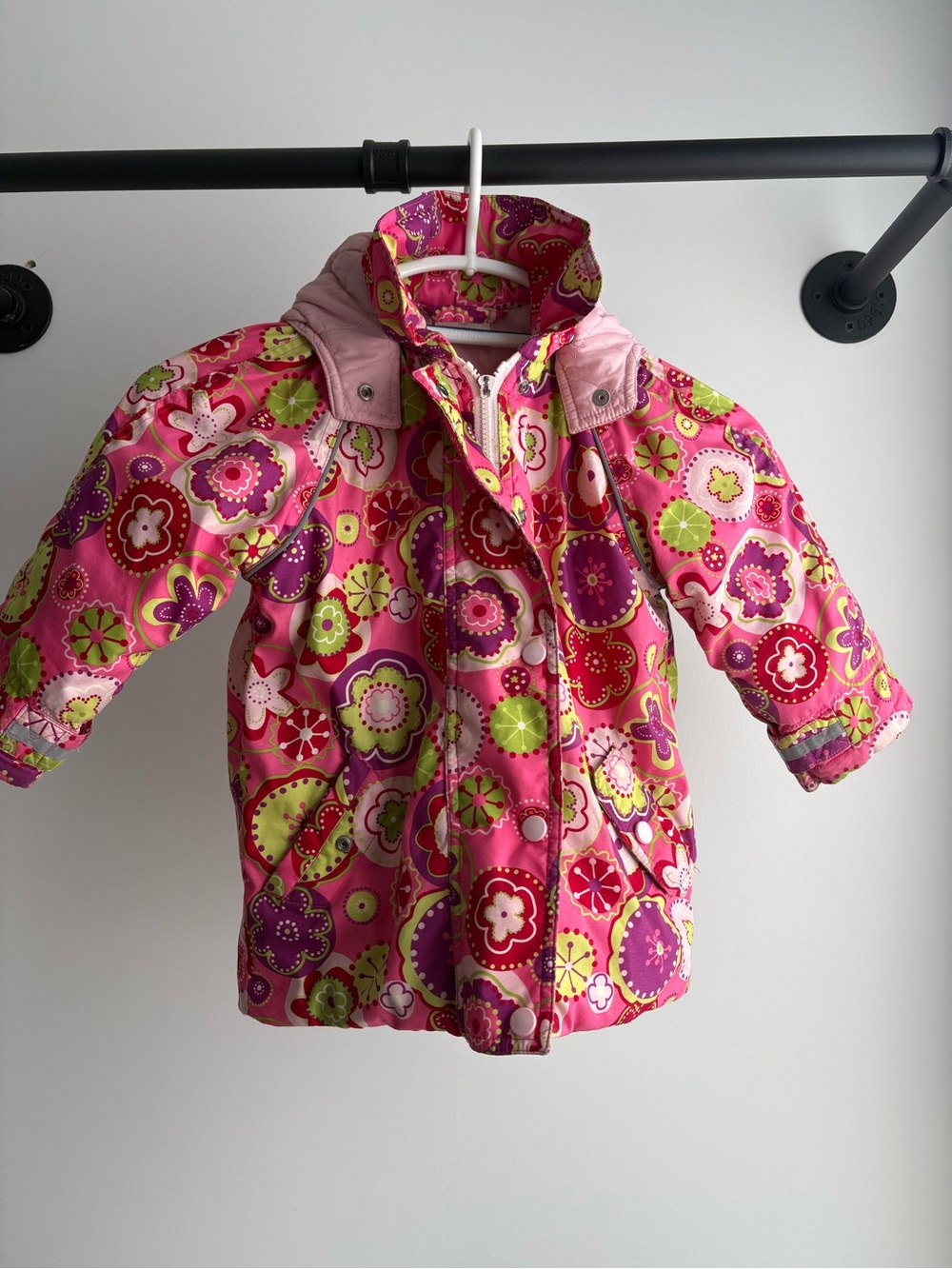 Hanna Andersson Pink Floral Puffer Coat with Green & Purple Accents